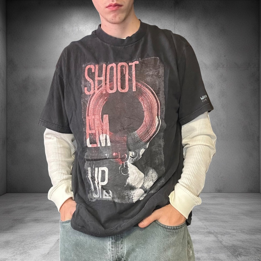 Vintage Y2K Shoot Em Up Graphic T-Shirt Mens XL Black Faded Boxy Skater Tee